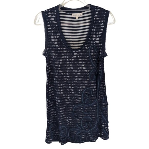 Anthropologie Meadow Rue Navy Blue Striped w/ Lace Overlay Tunic Tank Top Size M - Picture 1 of 8